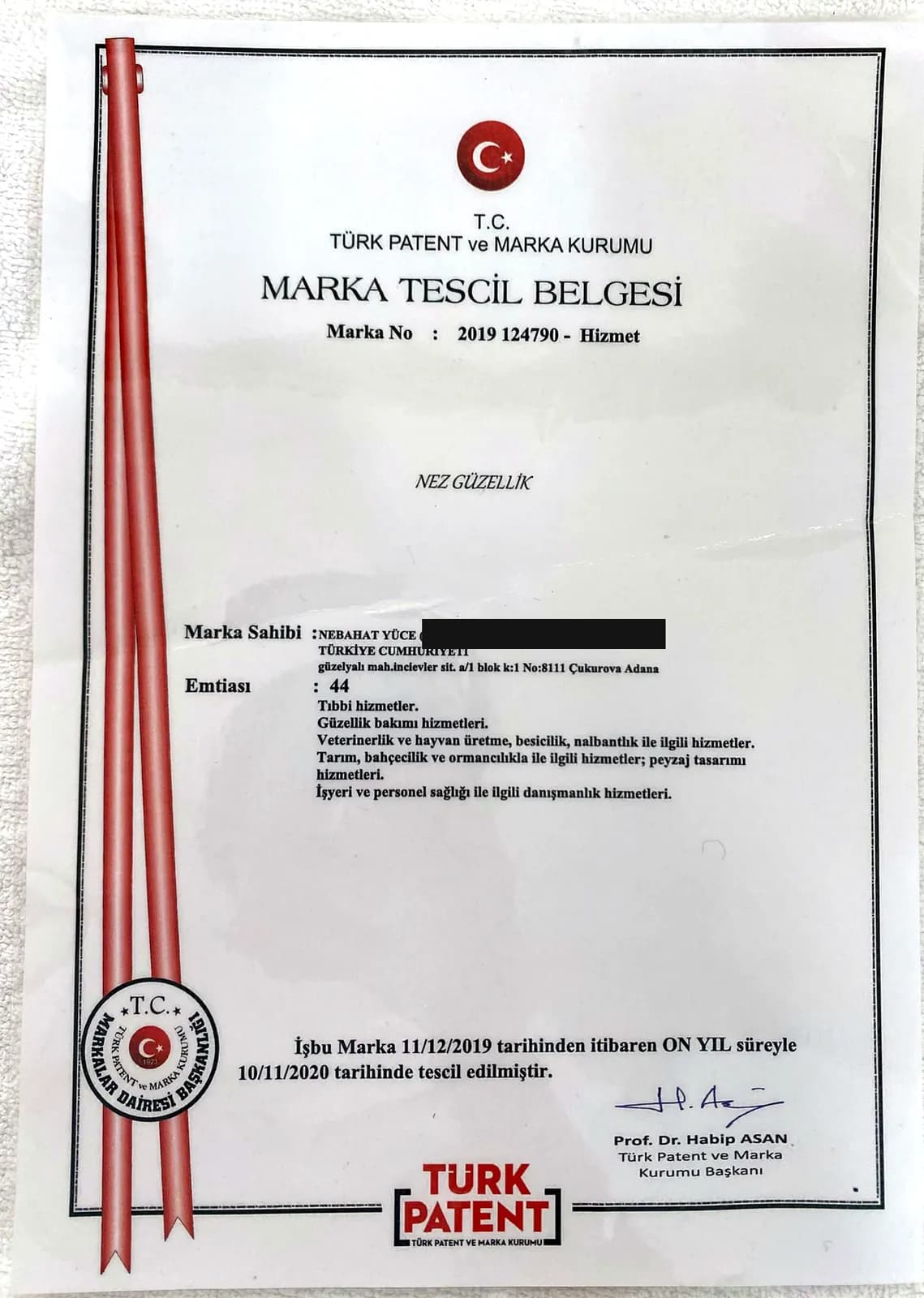 Nez Güzellik markasının Türk Patent ve Marka Kurumu tescil belgesi