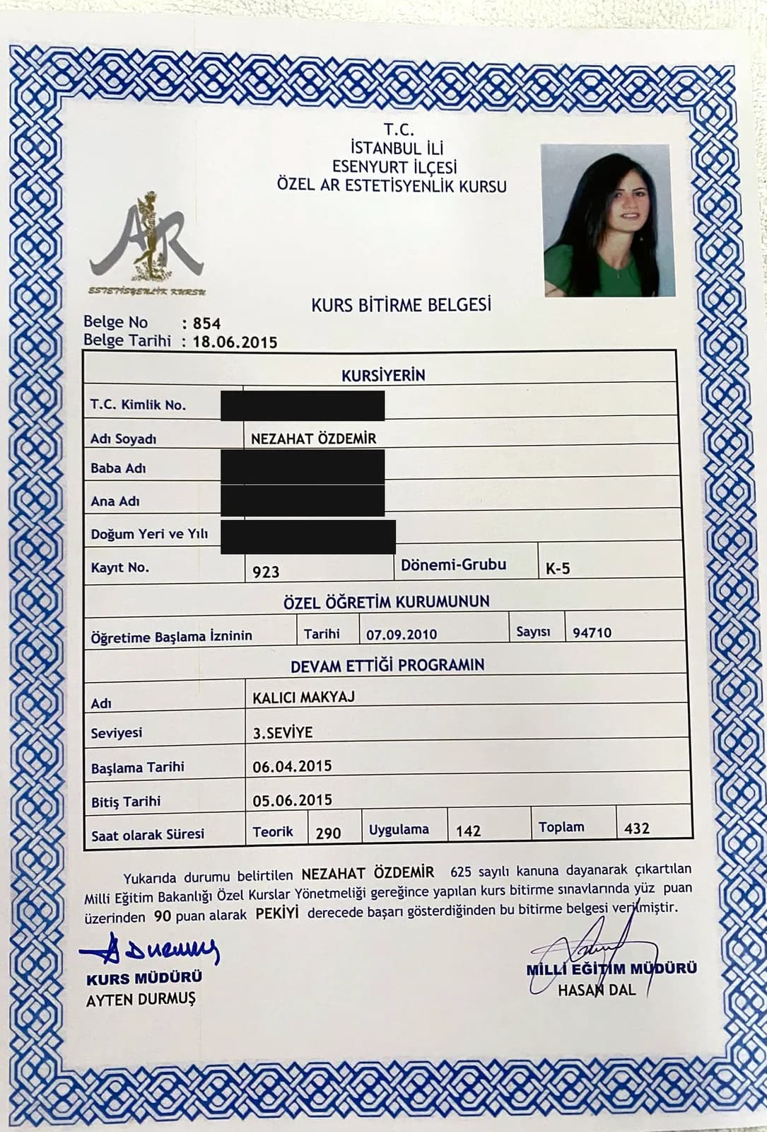 Nezahat Özdemir'in Millî Eğitim Bakanlığı onaylı Kalıcı Makyaj kurs bitirme belgesi